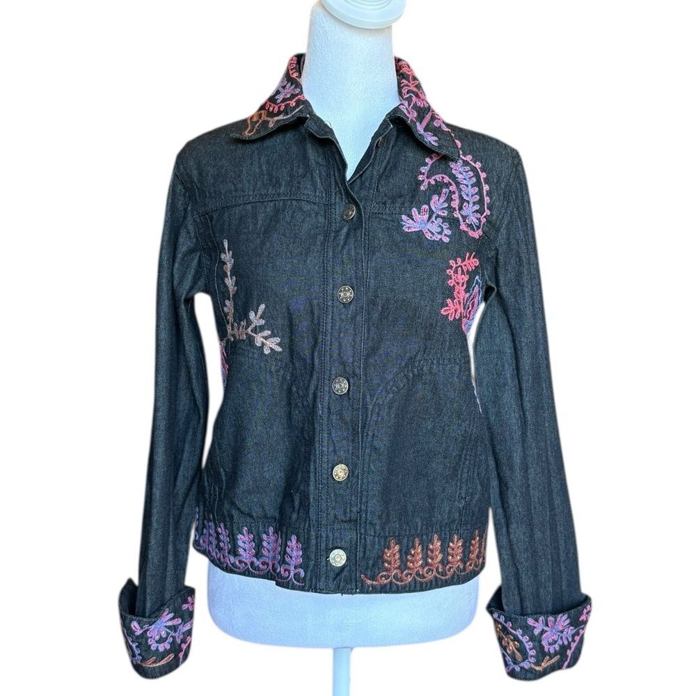 Coldwater Creek Black Jean Jacket Pink Blue Embroidery Cotton Womens XS
